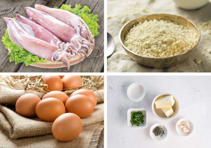 nguyên liệu chuẩn bị làm món mực chiên bơ tỏi